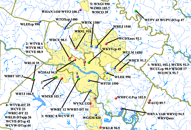 Broadcast transmitter sites in the metro Richmond area