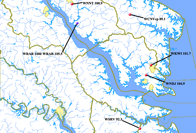 Broadcast transmitter sites in the northern neck area