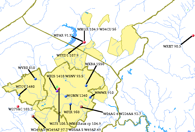 Clickable imagemap of transmitter sites for the metro Roanoke area